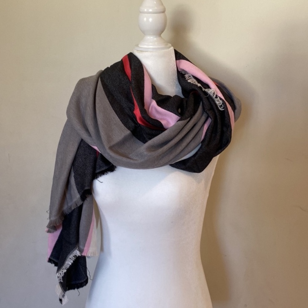 Black pink white oversized plaid blanket scarf 50” x 50” EUC